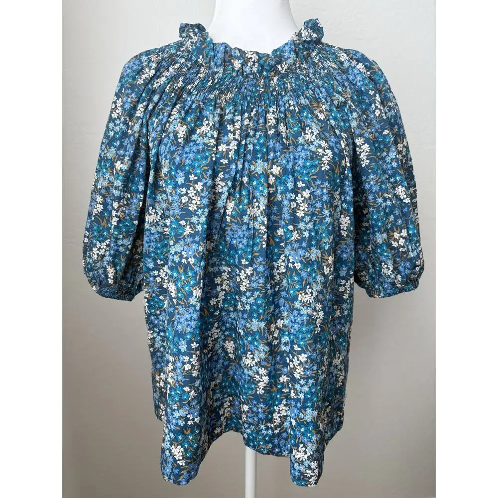 J. Crew Smocked Neck Puff Sleeve Top in Liberty Fabric Sea Blossoms Size Large